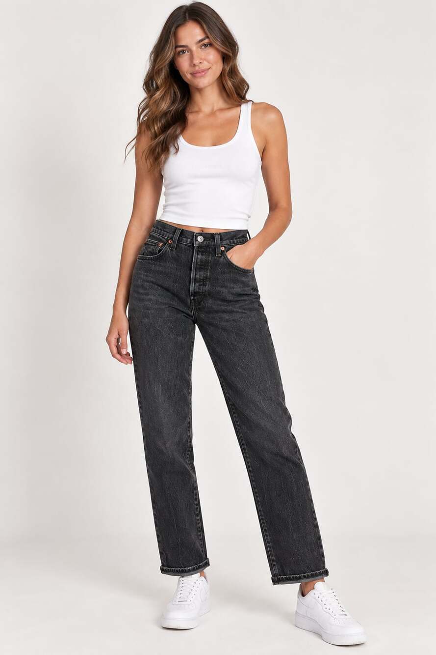 Levi's 501 Premium Rincage Straight Original Jeans Washed Black Denim Size 24